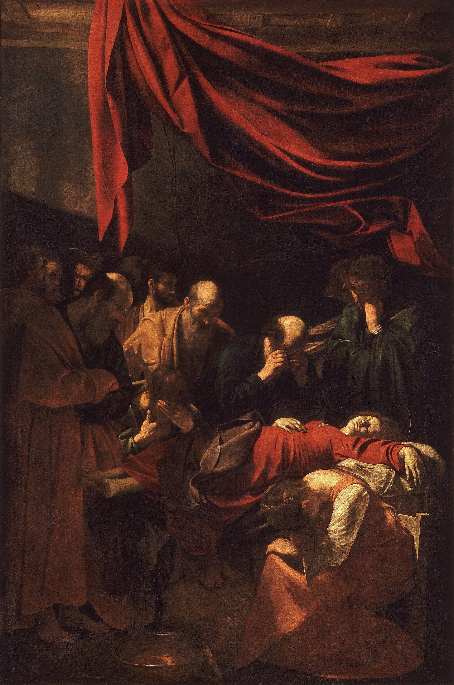 Caravaggio's Death of the Virgin, a dead woman on a table with mourners and a red cloth above Caravaggio's Death of the Virgin, a dead woman on a table with mourners and a red cloth above