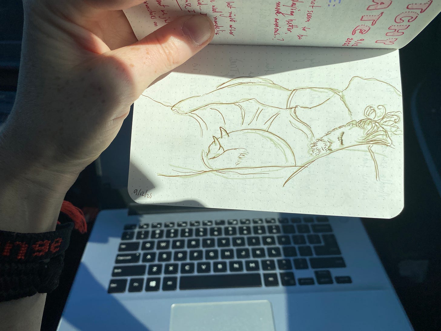 a hand holding up a sketchbook with a drawing of a man lying down with a cat. a laptop is in the background.