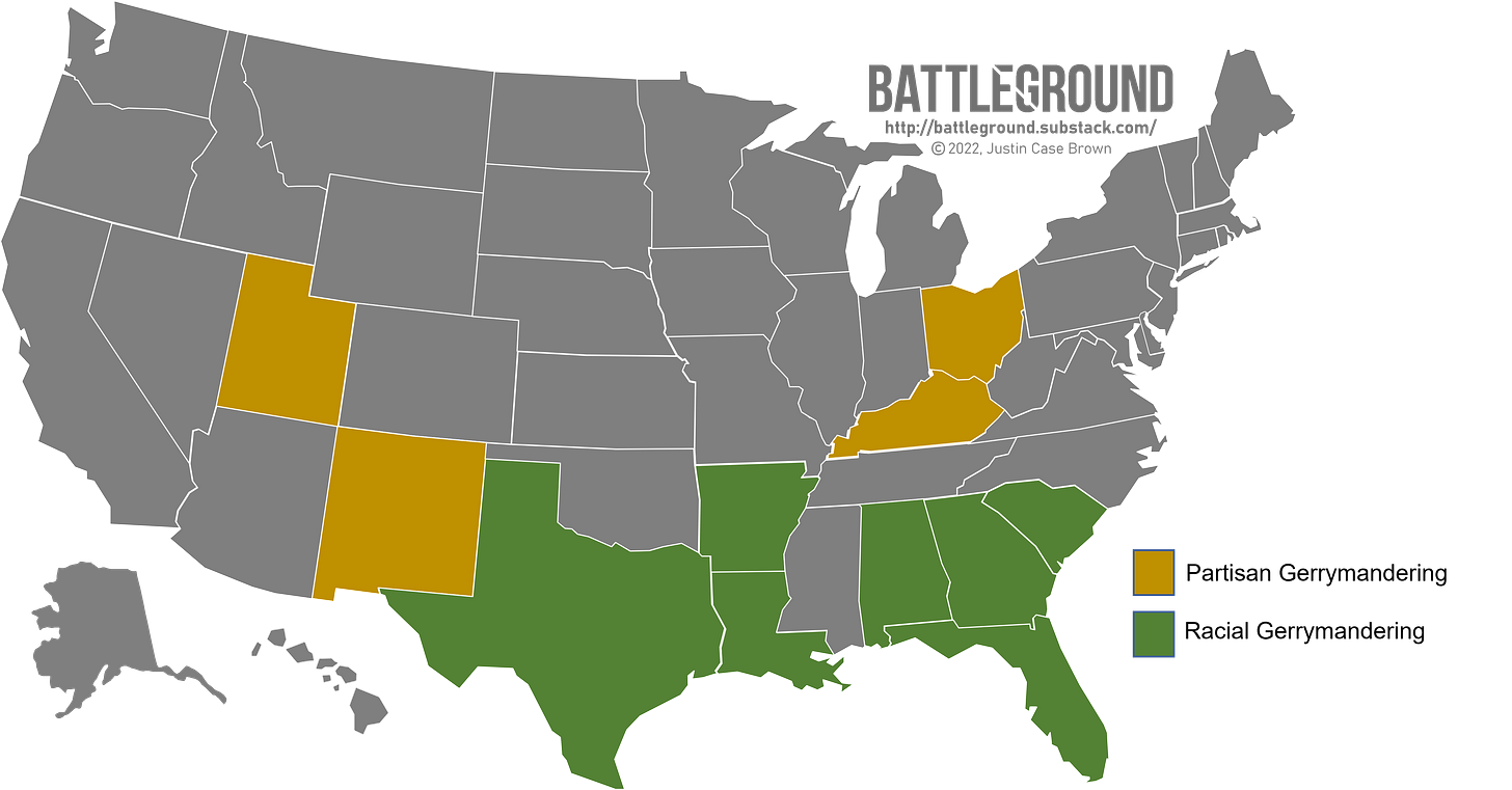 Gerrymandering map with eleven states highlighted
