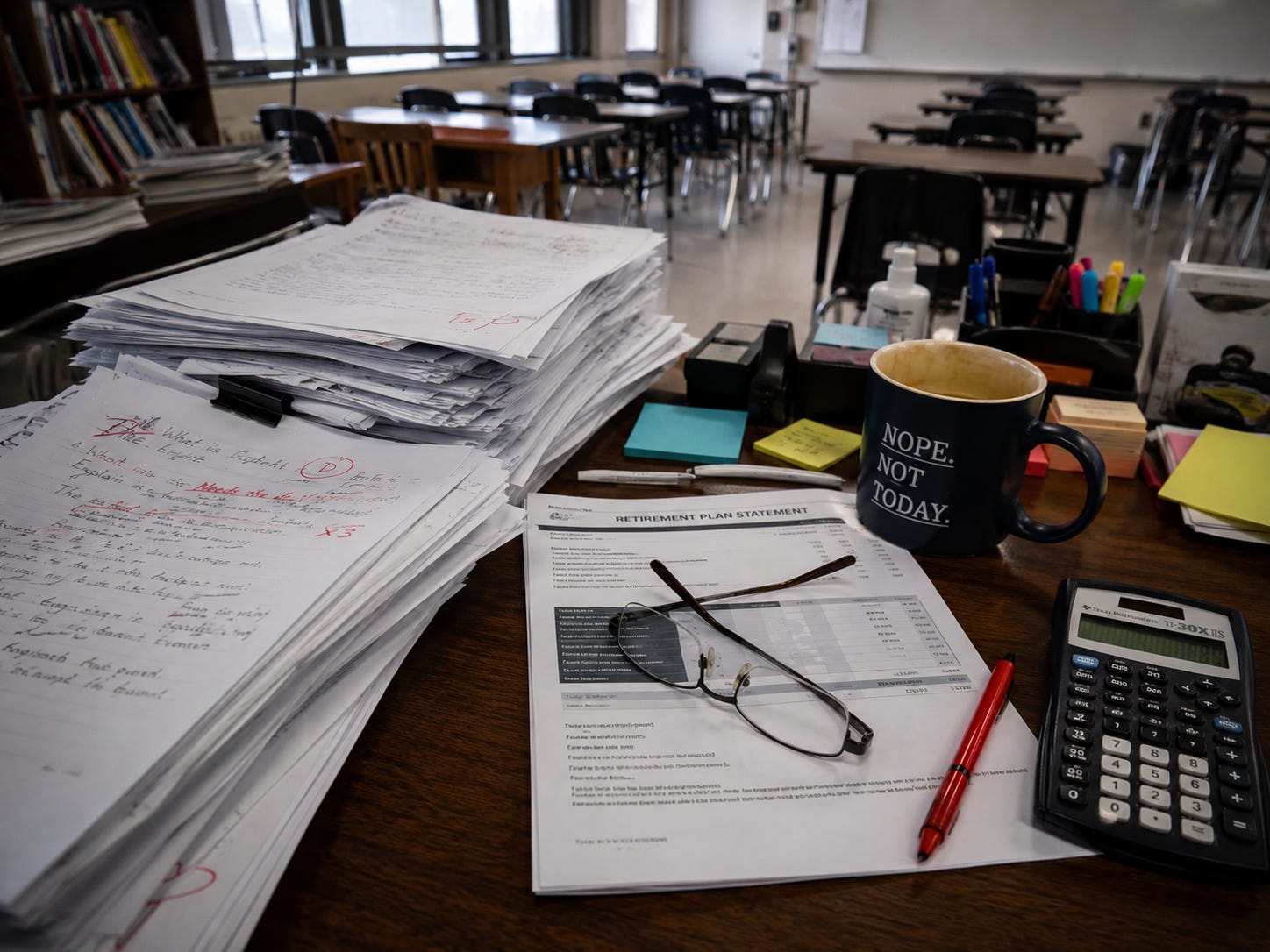 A cluttered teacher’s desk in an empty classroom after school, covered with graded papers, a red pen, a calculator, reading glasses, sticky notes, a retirement statement, and a cold coffee mug under harsh classroom lighting. A cluttered teacher’s desk in an empty classroom after school, covered with graded papers, a red pen, a calculator, reading glasses, sticky notes, a retirement statement, and a cold coffee mug under harsh classroom lighting.