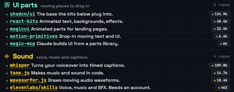 UI parts and Sound: drop-in moving parts, captions from your voiceover, music in code.