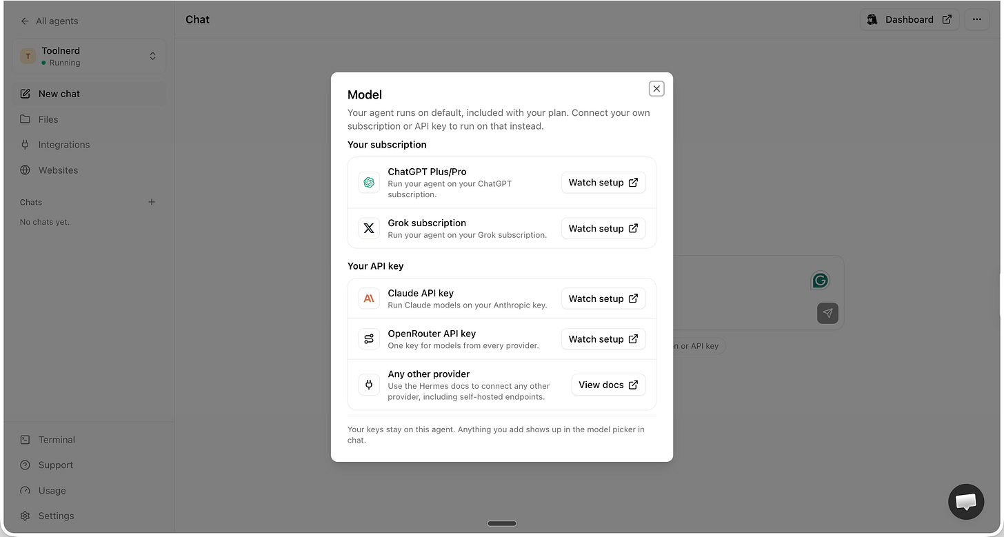 Agent37 model modal showing subscription and API-key options Agent37 model modal showing subscription and API-key options