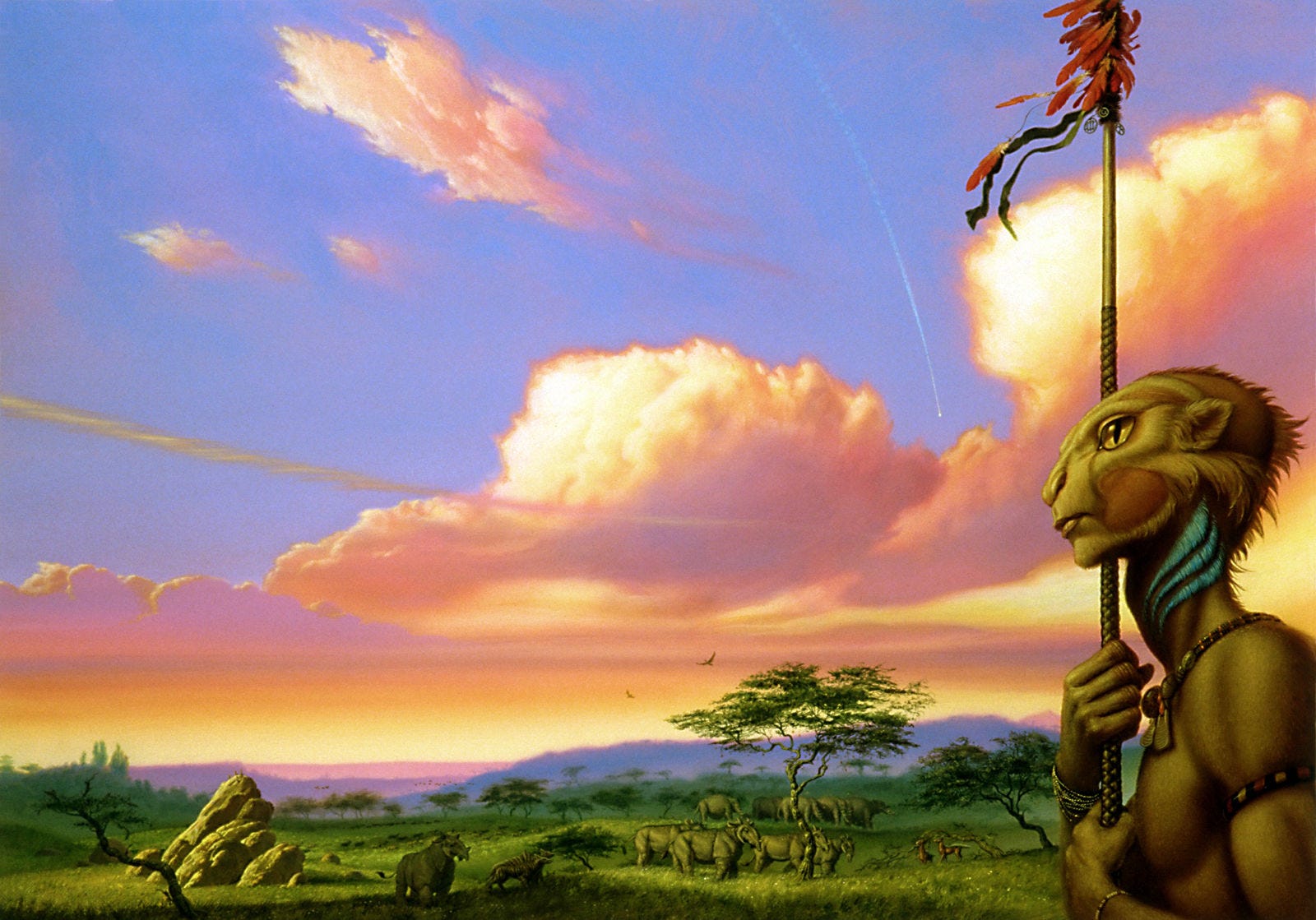 Holding a tall spear topped with red feathers, a humanoid alien oversees a herd grazing on lush grassland. A bright contrail arcs down into a pocket of billowing clouds, but because the alien is turned in profile it's not clear whether it notices. The alien has yellow eyes with tall thin pupils. Its elongated head slopes gradually with pointed ears set far back. Blue fur on its long slender neck resembles gills. It wears an assortment of native jewelry on its neck, upper arm, and wrists.