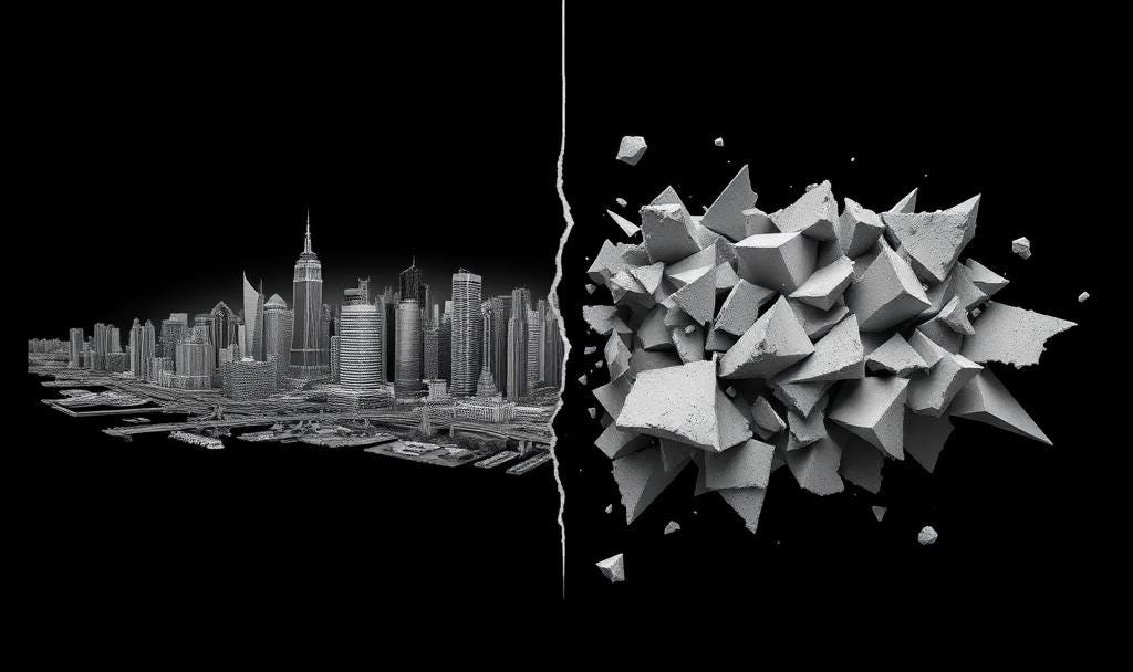 Split image showing a silver, ordered cityscape contrasted with jagged gray chaos, symbolizing the survival and collapse consequences of accepting or denying reality's axiom.