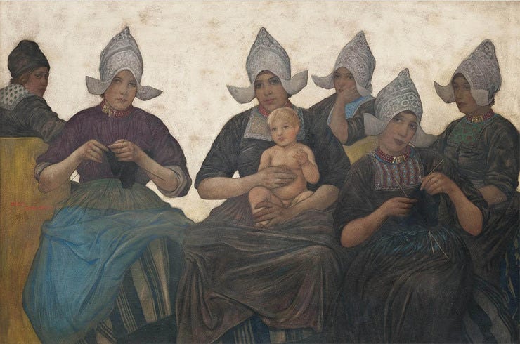 'Dutch ladies knitting in traditional dress' - olieverf op doek: Nico Jungmann (herkomst: Gallery 19c, Beverly Hills) 'Dutch ladies knitting in traditional dress' - olieverf op doek: Nico Jungmann (herkomst: Gallery 19c, Beverly Hills)