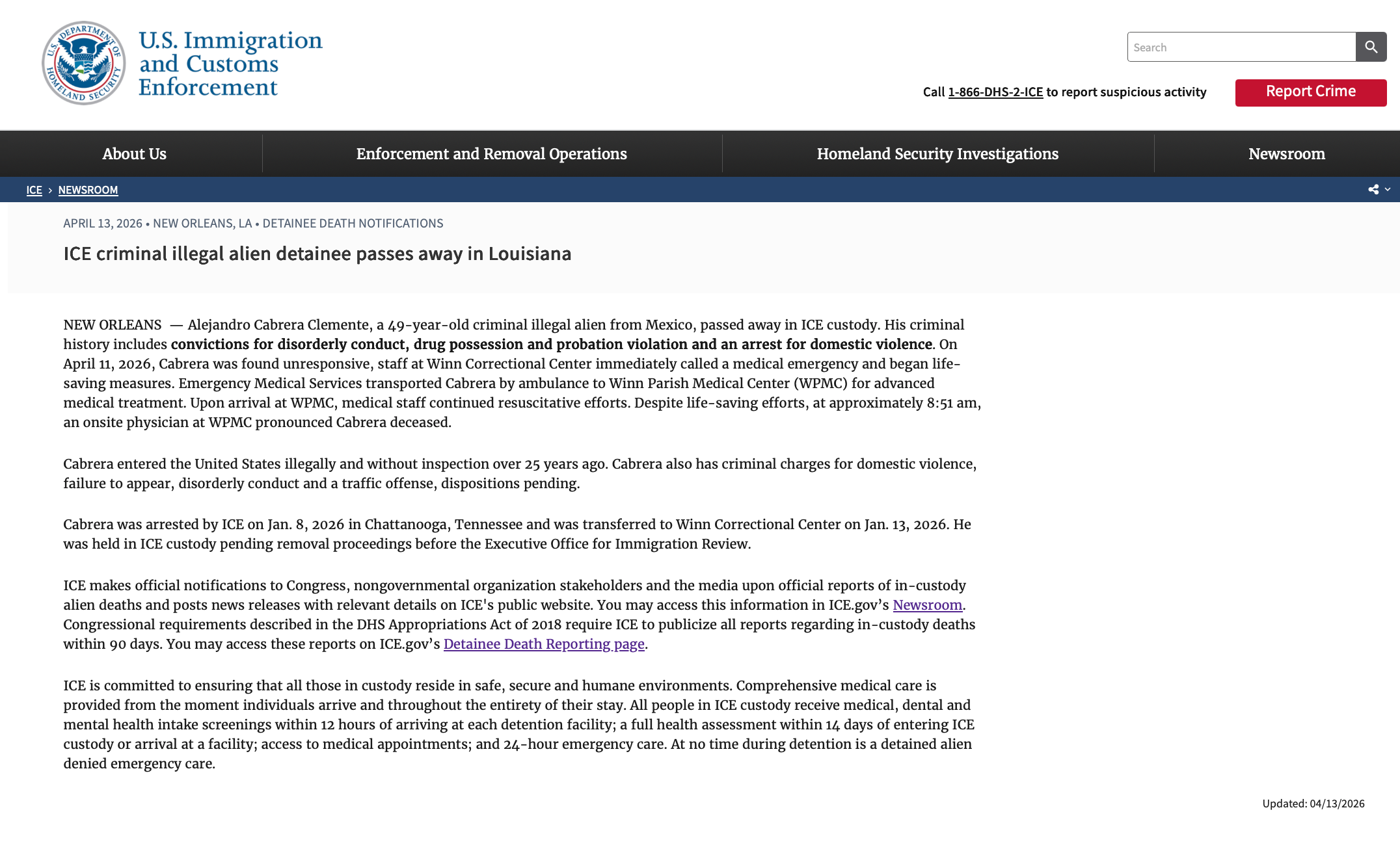 ICE Reports 16th Detained Death of 2026 at Winn Correctional Center in ...