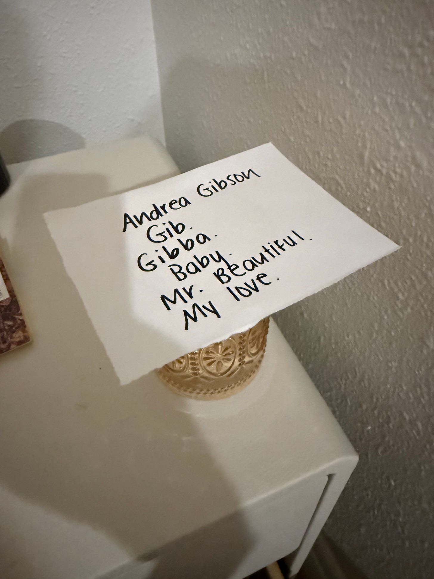 piece of paper on top of a glass of water with all the names meg called Andrea. Andrea gibson. Baby. Gib. Gibby. Gibba. My love. Mr Beautiful. piece of paper on top of a glass of water with all the names meg called Andrea. Andrea gibson. Baby. Gib. Gibby. Gibba. My love. Mr Beautiful.