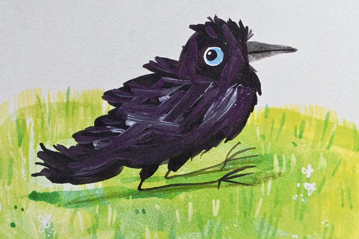 A handprinted illustration of a baby crow, and of two children, one holding the fledgling in her hands.