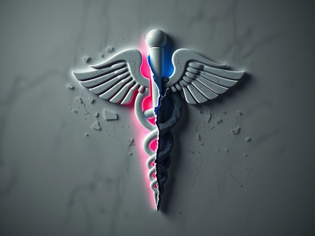 A stone medical caduceus cracked in half with glowing red and blue edges against a dark, textured background, creating a dramatic effect.