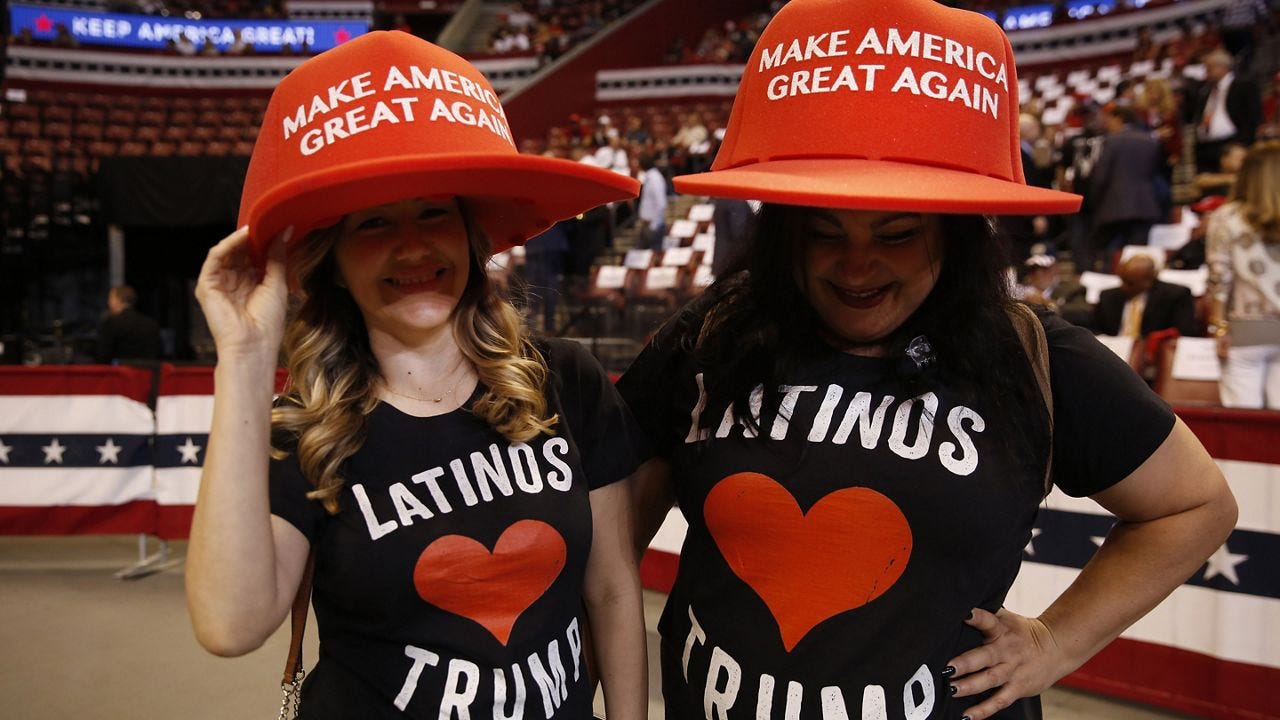 Supports wear large "Make America Great Again" hats before President Donald Trump's rally on Tuesday, Nov. 26, 2019, in Sunrise, Fla. (AP Photo/Brynn Anderson, File)