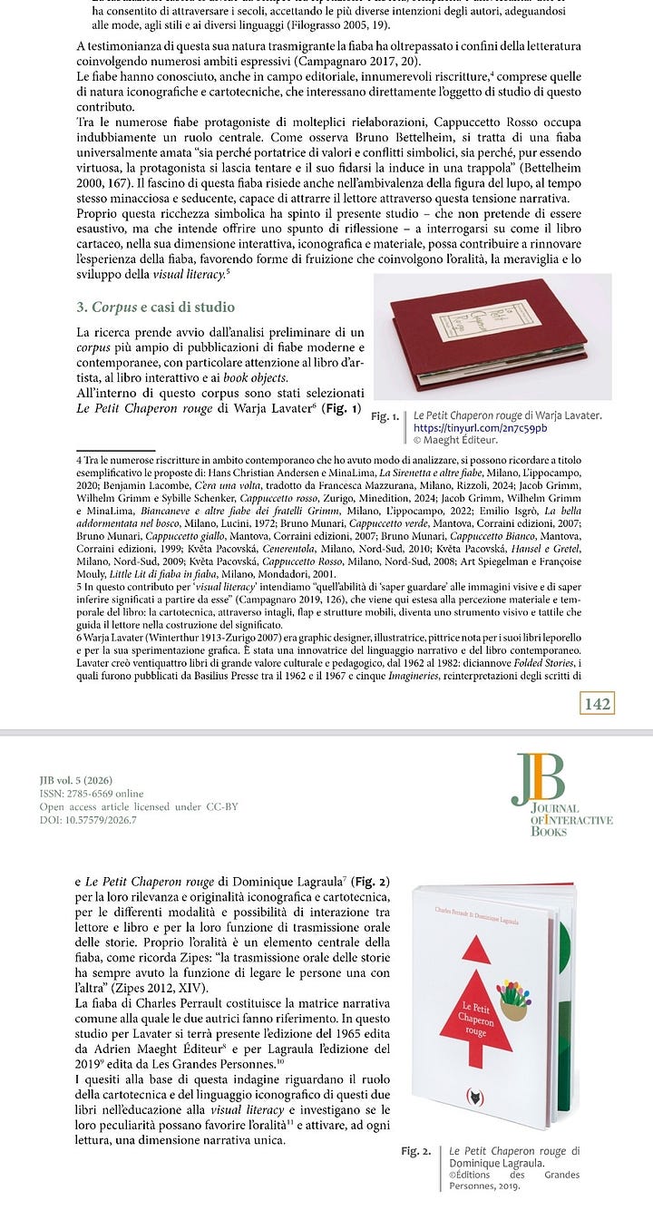 Paolillo,  Jessica,  “Tra  cartotecnica  e  oralità:  la  fiaba  di  Cappuccetto  Rosso  nei  libri  interattivi  di  Warja  Lavater e Dominique Lagraula”, JIB, 5 (aprile 2026): 140-152. DOI: 10.57579/2026.7. 