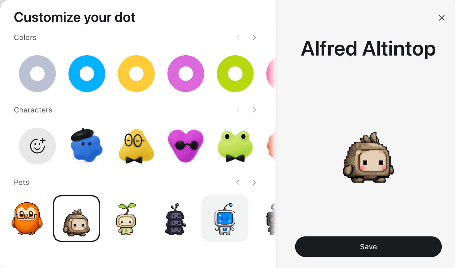 OpenAI Dots character and pet customization screen
