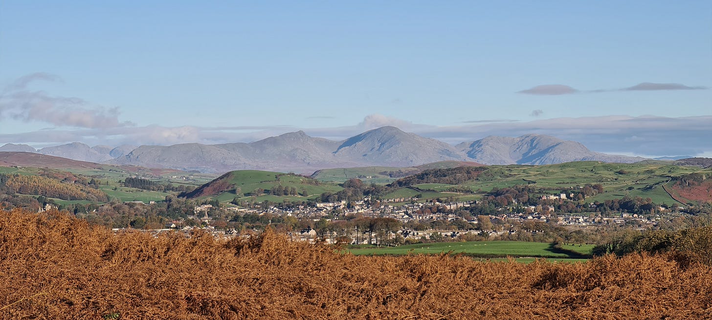 Looking North from the Summit towards Ulverston and the Furness Fells of Dow Crag, Coniston Old Man and Wetherlam.