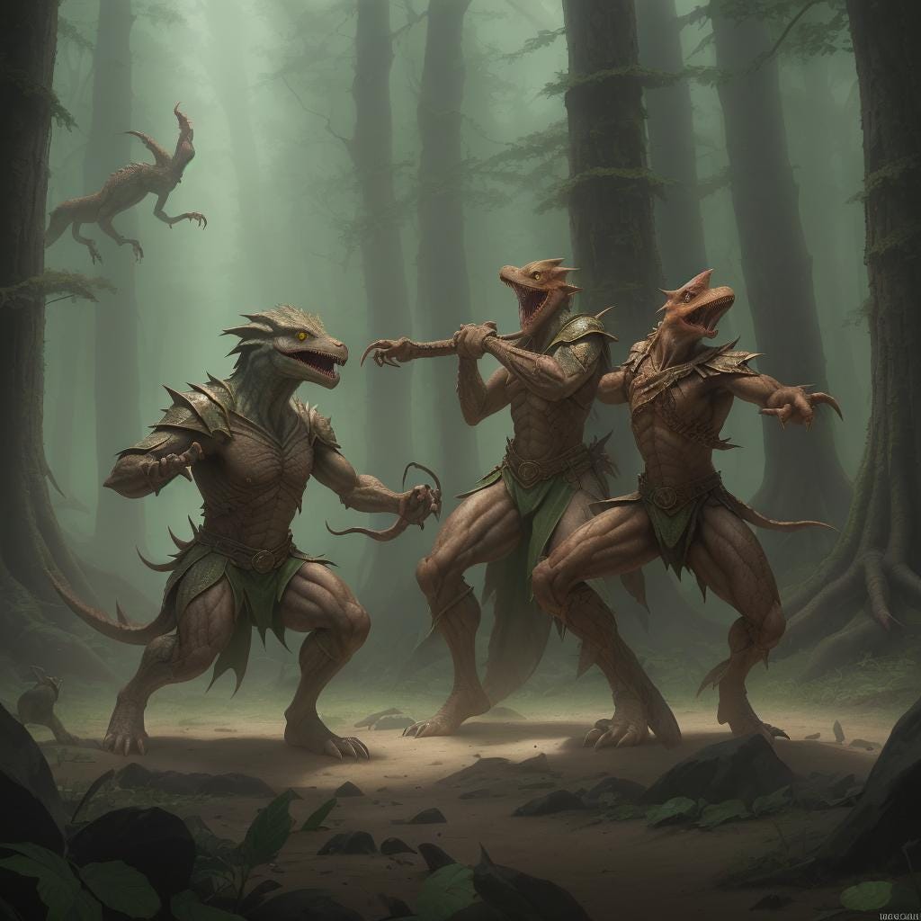 Three elves from Middle-Earth fight a red velociraptor in a forest at night. The velociraptor has armor on. Three elves from Middle-Earth fight a red velociraptor in a forest at night. The velociraptor has armor on.