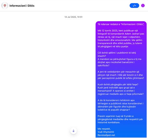 Këto pamje tregojnë përpjekjet e dokumentuara të redaksisë për të kërkuar transparencë dhe përgjegjësi nga platformat që shpërndanë pa kontekst një nga figurat më të ndjeshme të historisë së Kosovës.