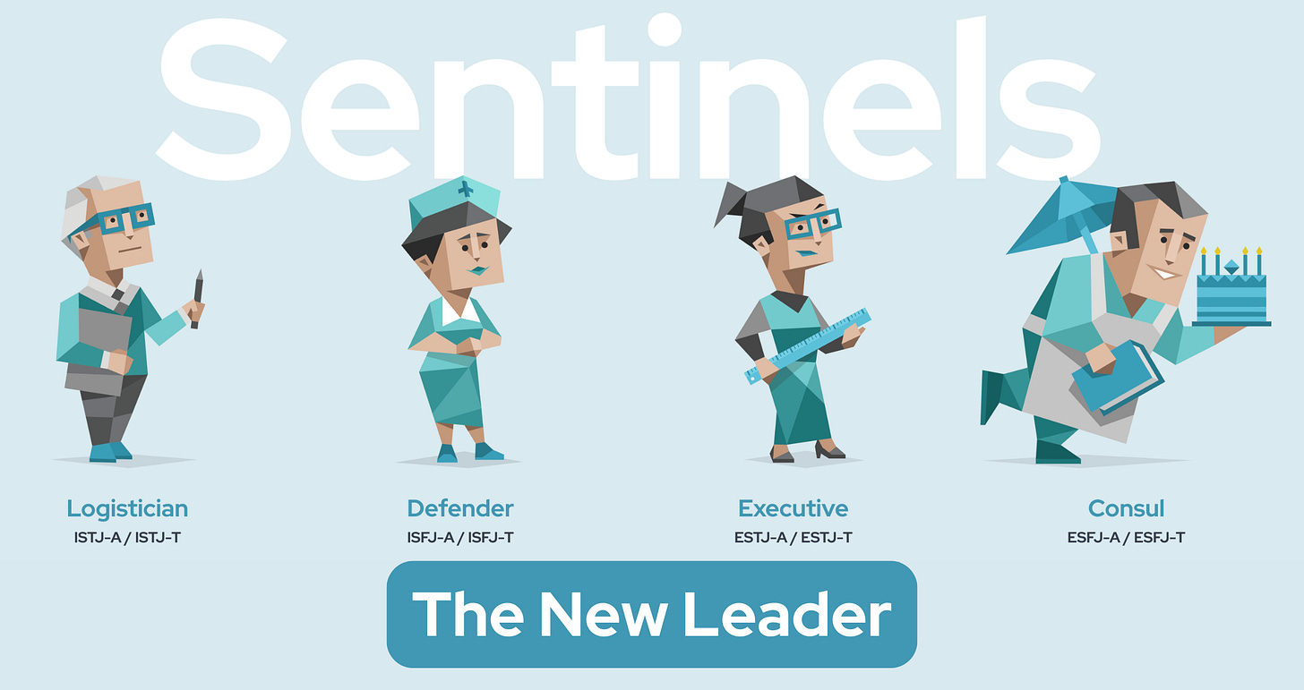 The word 'Sentinels' is prominently displayed, with four blue characters overlapping it - a Logistician, a Defender, an Executive, and a Consul. The type codes are also displayed: ISTJ-A / ISTJ-T, ISFJ-A / ISFJ-T, ESTJ-A / ESTJ-T, and ESFJ-A / ESFJ-T. Below, the words 'The New Leader' are shown.