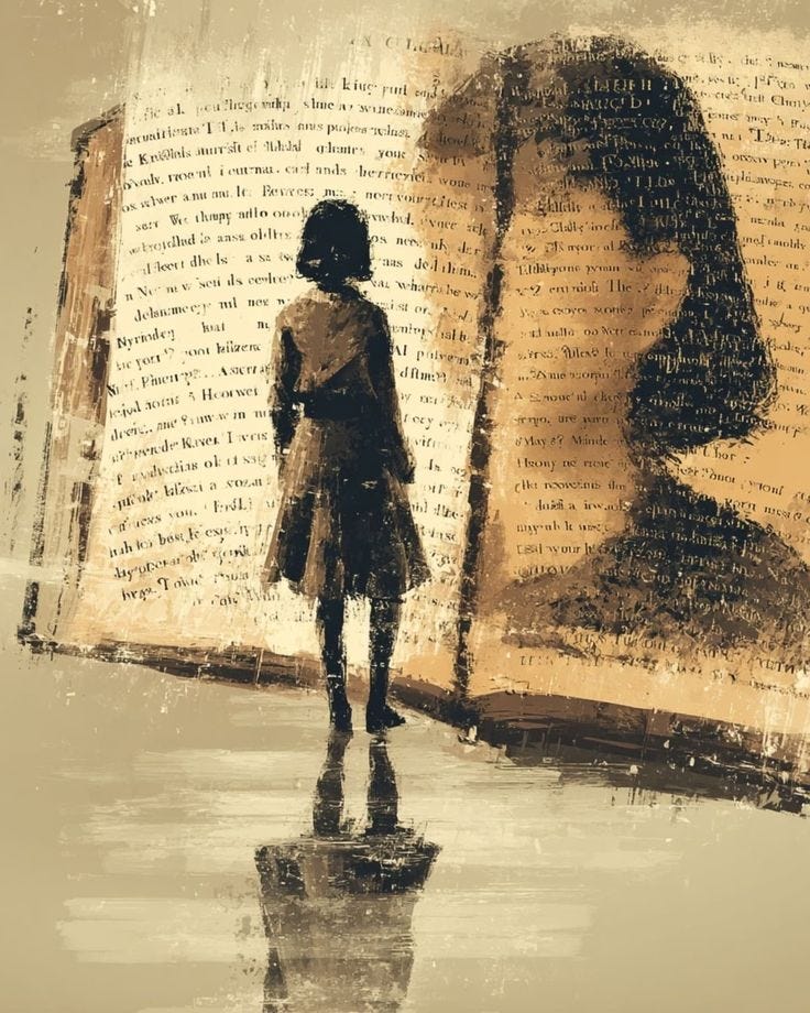 This may contain: a woman standing in front of an open book