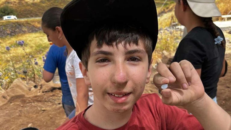 Twelve-year-old Alon Horwitz who discovered an ancient gemstone at Korazim National Park in the Galilee, June 1, 2026. Twelve-year-old Alon Horwitz who discovered an ancient gemstone at Korazim National Park in the Galilee, June 1, 2026.