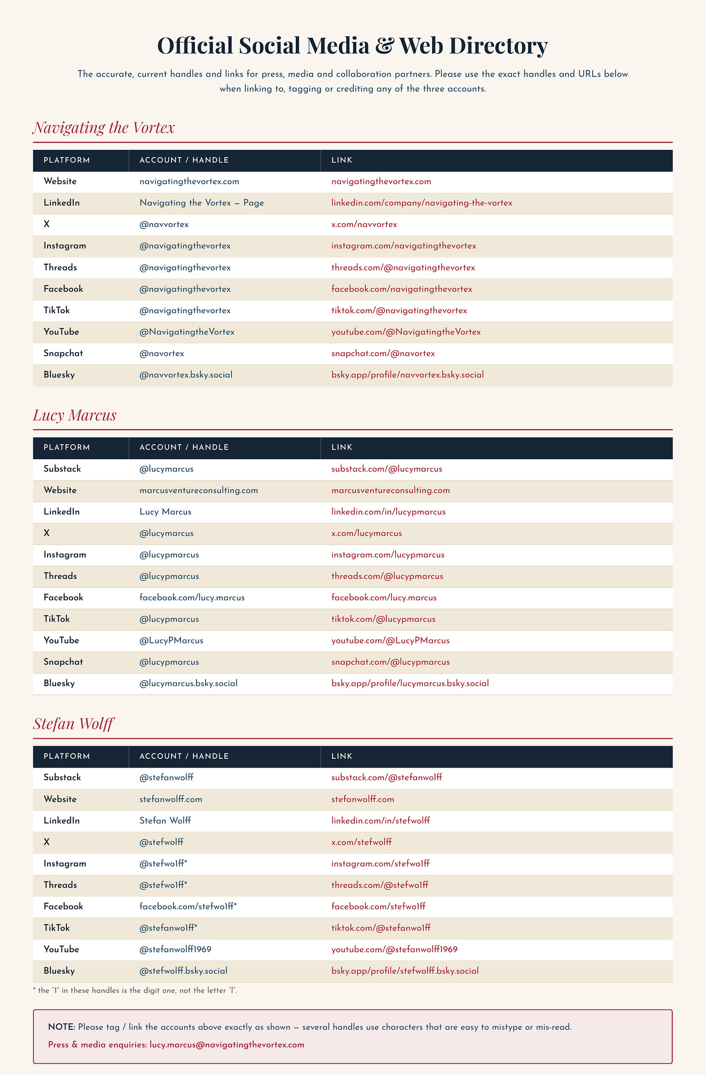Official Navigating the Vortex social media and web directory — verified handles and links for the publication, Lucy Marcus, and Stefan Wolff across Website, LinkedIn, X, Instagram, Threads, Facebook, TikTok, YouTube, Snapchat, and Bluesky, plus press contact details. Official Navigating the Vortex social media and web directory — verified handles and links for the publication, Lucy Marcus, and Stefan Wolff across Website, LinkedIn, X, Instagram, Threads, Facebook, TikTok, YouTube, Snapchat, and Bluesky, plus press contact details.
