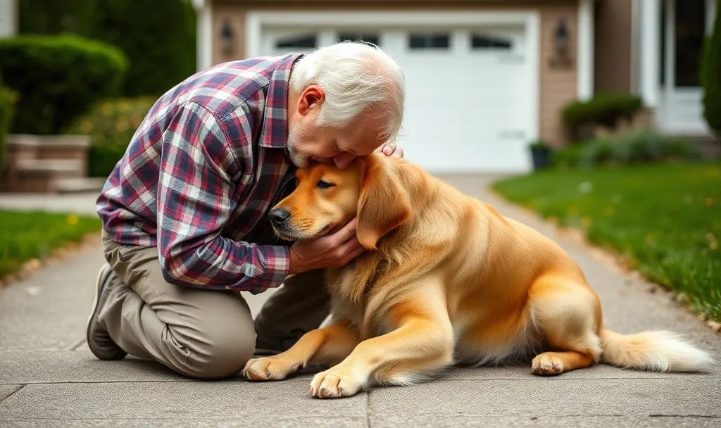 An older man with gray hair kneels on a driveway, face pressed into the neck of his golden retriever who is battling cancer — her third time. Tears streak his cheeks as he holds her close; she leans into him, eyes closed, paw resting on his shoulder, bathed in soft sunset light. Passion Struck Episode 688: How Dogs Help Us Remember We Matter.