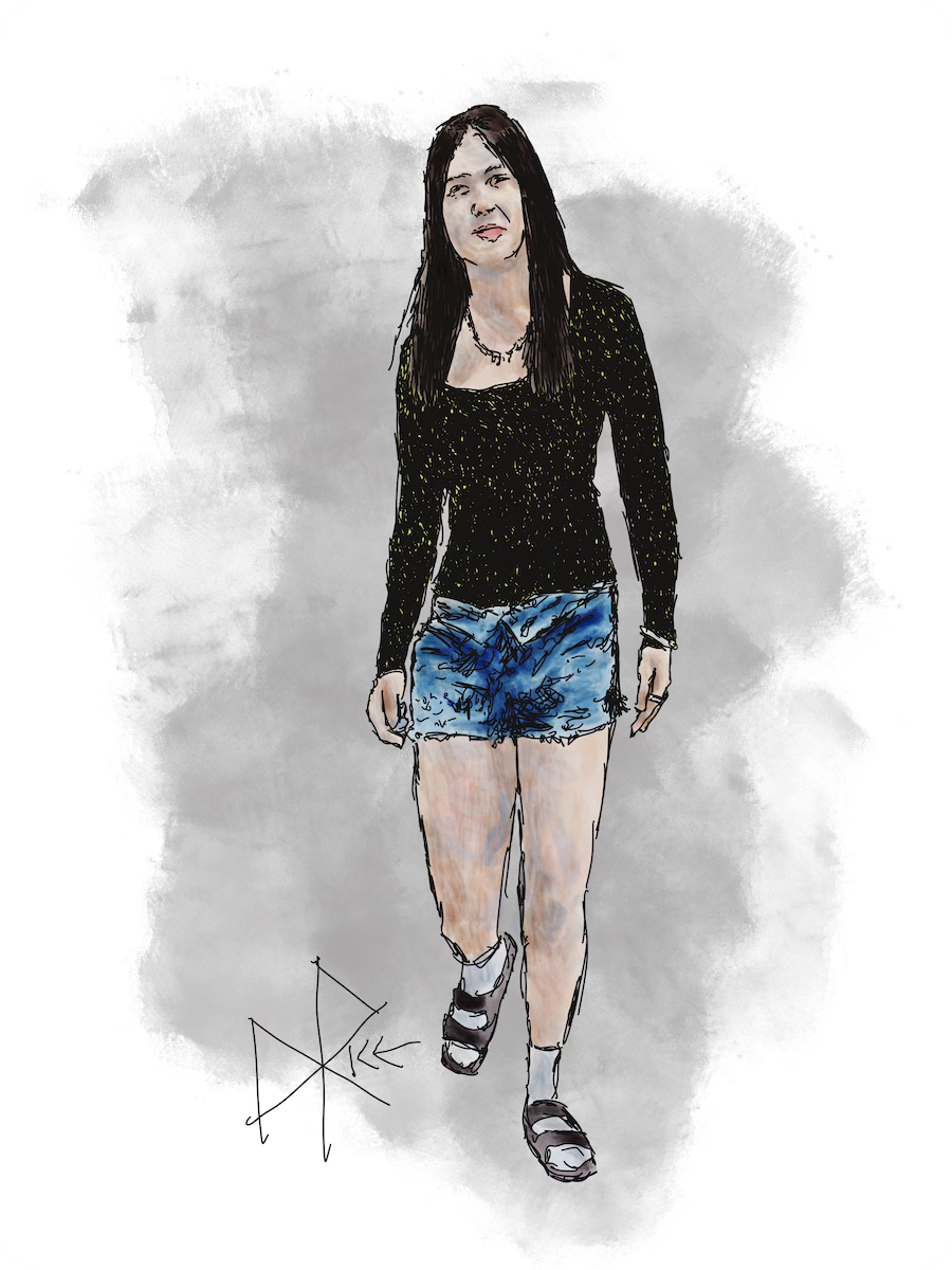 A young woman walking through a park while wearing cut-off jean shorts and a black shirt studded with green sequins. Sketch art by Don Rice. A young woman walking through a park while wearing cut-off jean shorts and a black shirt studded with green sequins. Sketch art by Don Rice.