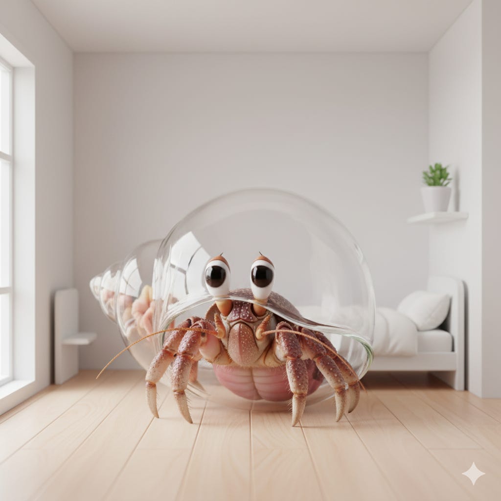 Cartoon hermit crab with googly eyes in glass shell-shaped home.