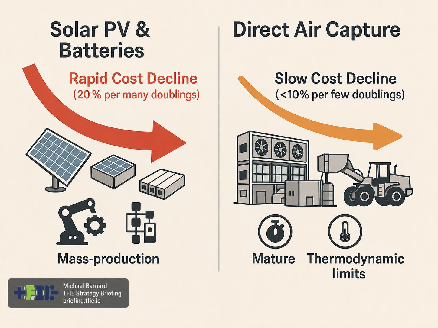 Infographic comparing rapid cost declines for solar and batteries with slower direct-air-capture learning.