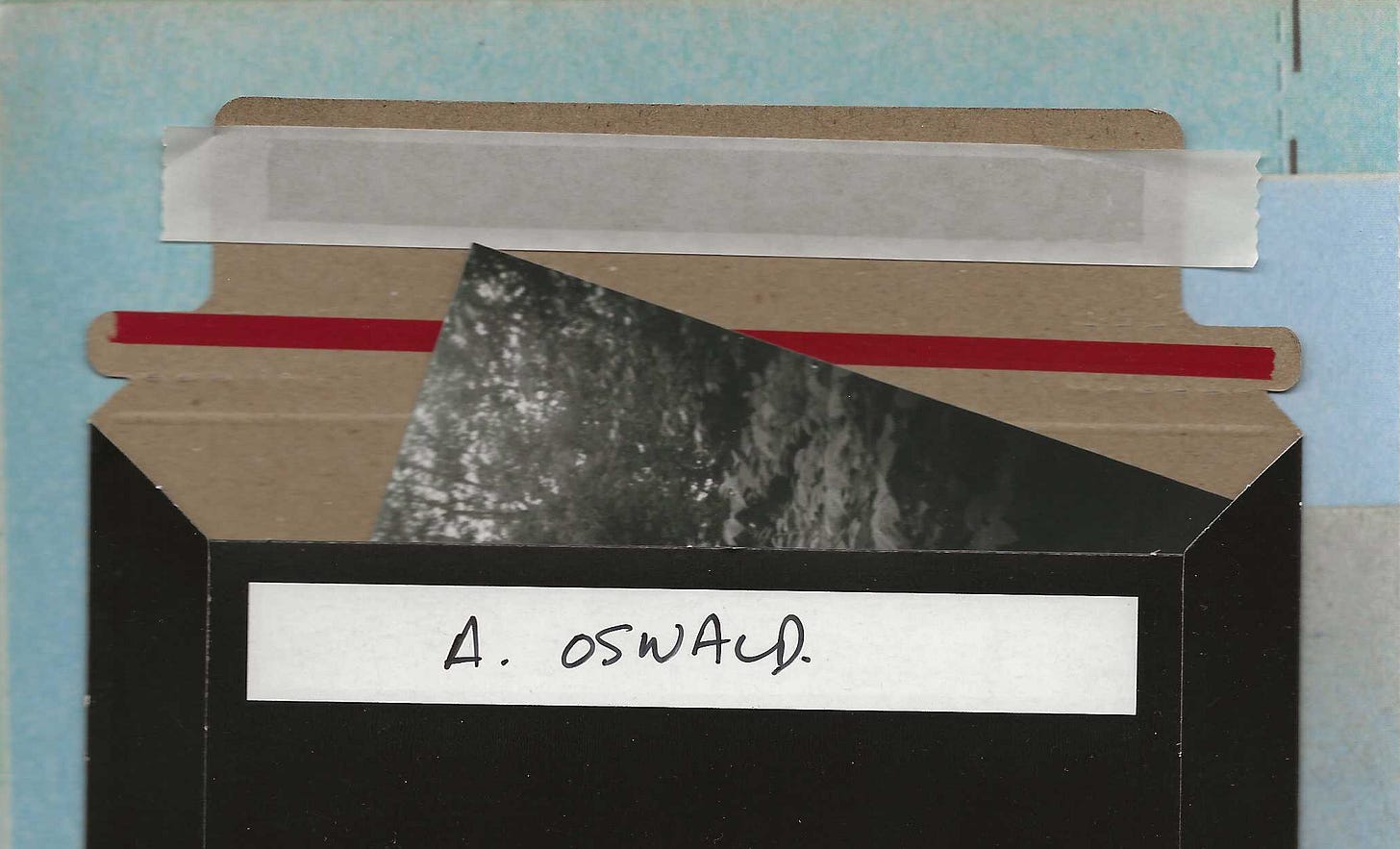 A scan of an envelope of prints bearing the name A. Oswald, with the corner of one black-and-white photograph peeking out