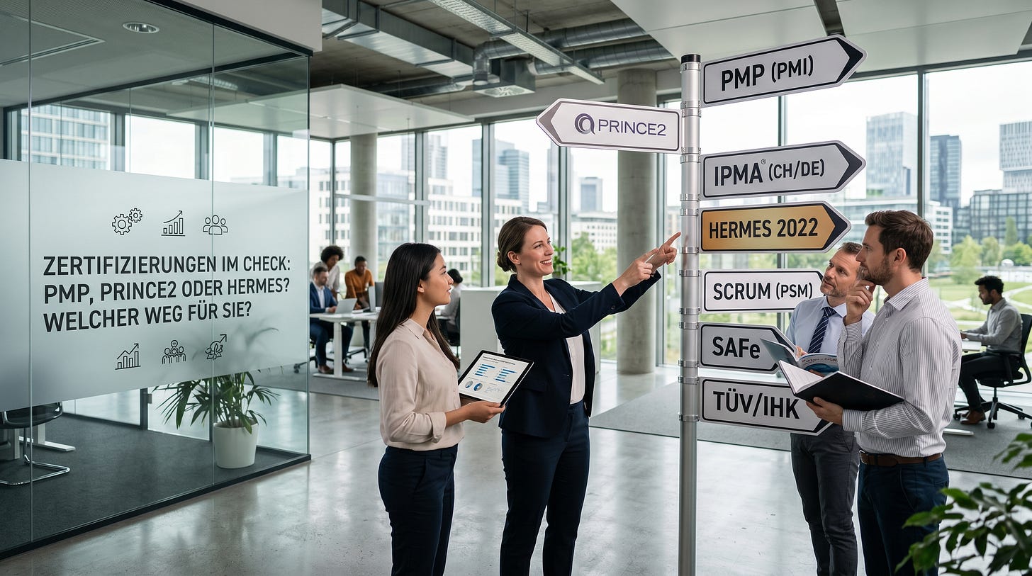Projektmanagement Zertifizierung Vergleich Schweiz: PMP, IPMA, HERMES, PRINCE2, PSM und SAFe im Check. Kosten, Anerkennung und Eignung auf einen Blick.