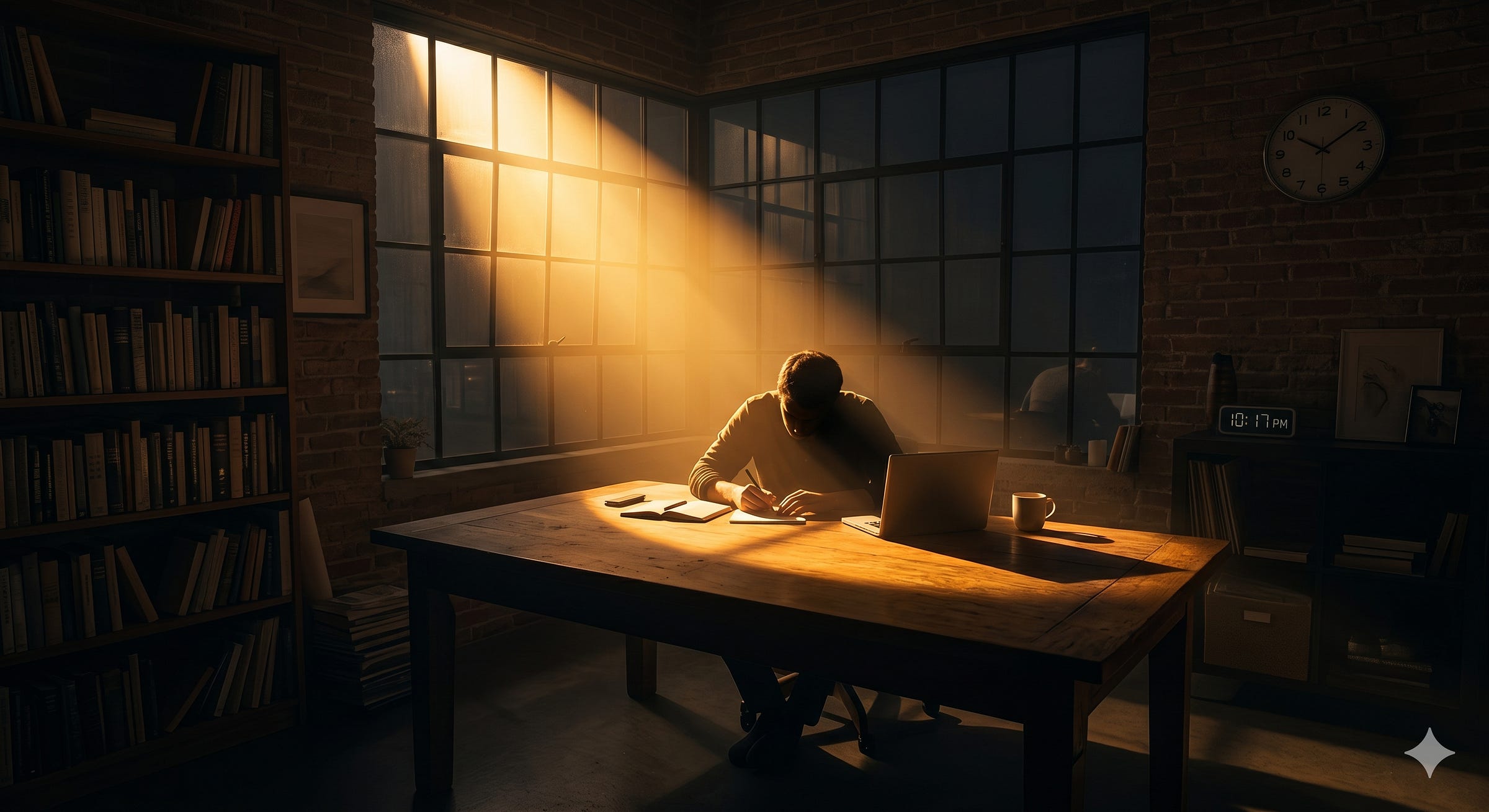A wide-angle landscape photograph in a dimly lit, rustic writer's loft with exposed brick walls, where a solitary, concentrated beam of powerful, golden sunlight cuts diagonally from a large, steel-framed corner window, casting the rest of the space in deep, peaceful shadow. Within this luminous "golden window" of light, a single person is seated at a massive, wooden desk, completely hunched over and engrossed, writing in a journal and typing on a laptop, their face and features mostly silhouetted and unidentifiable, directing all focus to the intense act of creation and work. The only items on the large desk, illuminated within the beam of light, are a pen, a journal, a laptop with a plain background, and a single mug of tea, with all other clutter from the environment pushed into the dark, emphasizing intention and outcome over rigid activity. A clock on the wall on the right reads 10:17 PM, reinforcing the visual of deep focus at a protected time, in contrast to the rigid constraints of a "perfect" morning routine. The bookshelves that line the left wall are full of books but are mostly in soft shadow, visible but not central to the narrative, which values flow and purpose over excessive ritual. The atmosphere is one of profound, protected flow and focus, highlighting the importance of defending one's optimal time. No cold plunge required.