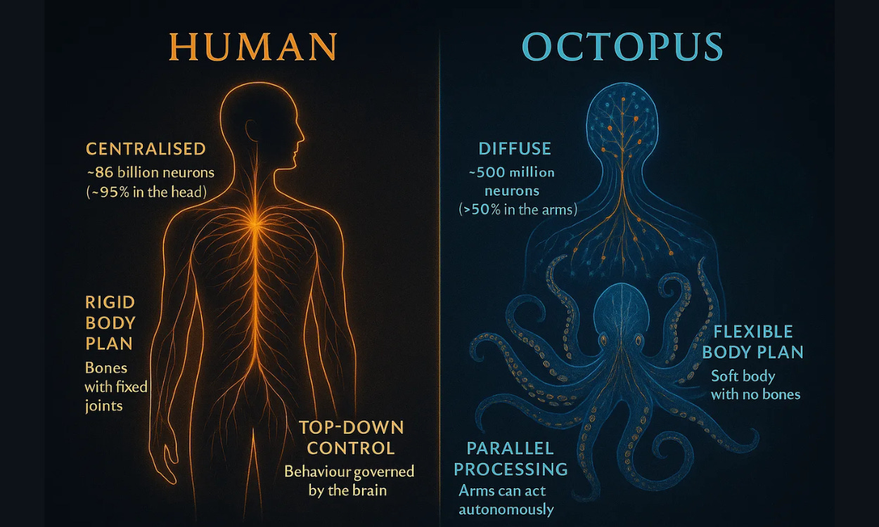 A scientific-style digital illustration showing a human figure and an octopus side by side, highlighting their radically different neural architectures. The human is drawn in cool blue tones with neural pathways concentrated in the brain and spinal cord. The octopus, rendered in vibrant reds and oranges, displays distributed neural networks throughout its arms. Between them floats a mesh-like network representing coherence and cognition, with glowing nodes hinting at Recognition Loops™. The artwork visually contrasts centralised human intelligence with the octopus's decentralised, embodied intelligence.