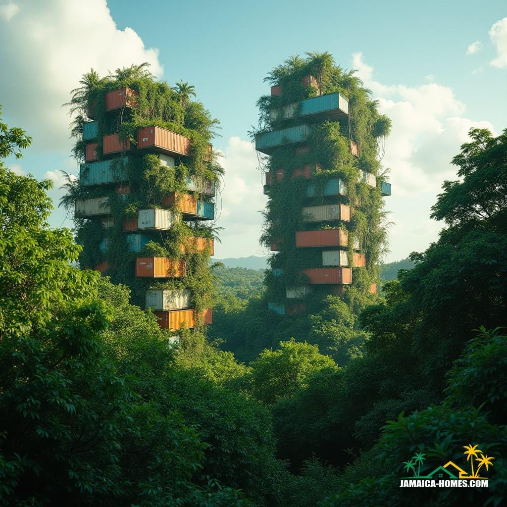 Vertical Jungle Towers: Biophilic skyscrapers where vines and tropical trees weave through stacked container homes
