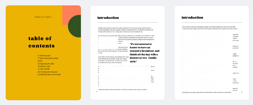 screenshot of TOC and introduction pages of bundle, bits of the two intro pages are blurred, TOC page is yellow with pink and green circle and square decoration.