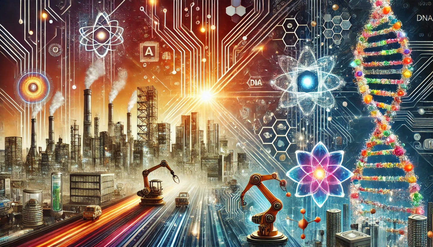 A visually dynamic image representing deeptech innovations: a futuristic cityscape with elements like glowing AI circuits, a quantum computer emitting light beams, robotic arms working on advanced materials, and a DNA strand symbolizing biotechnology. The theme emphasizes progress, innovation, and investment opportunities in deeptech, with a modern and vibrant aesthetic.