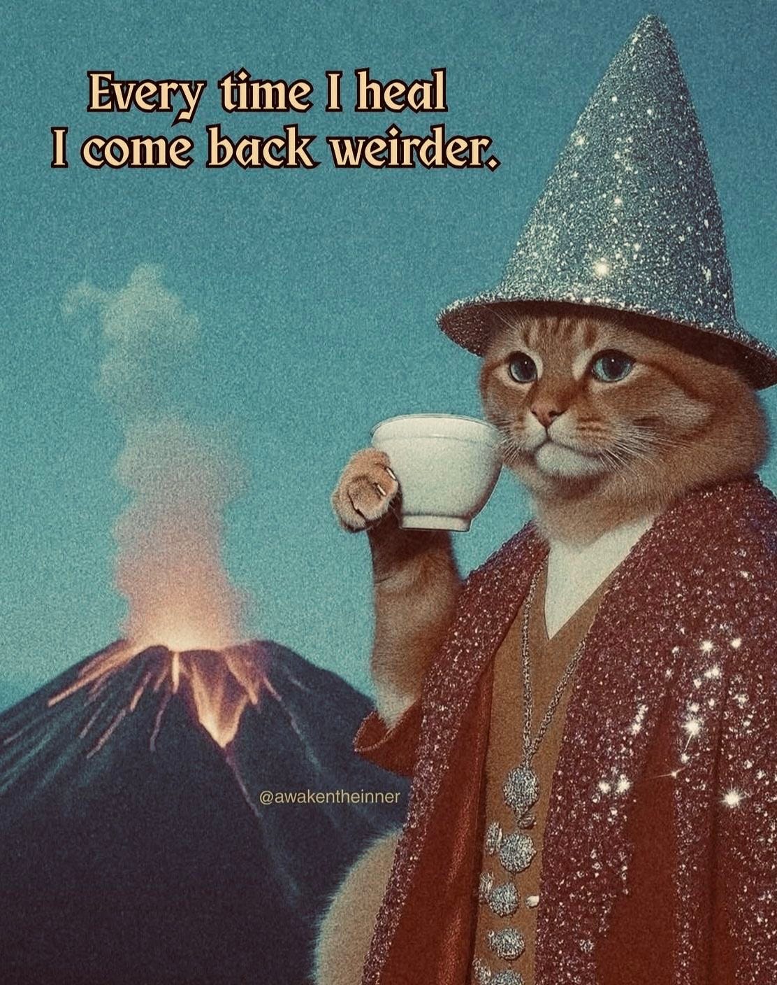 cat in a wizards costume with a cup of coffee that says " every time I heal, I come back weirder"