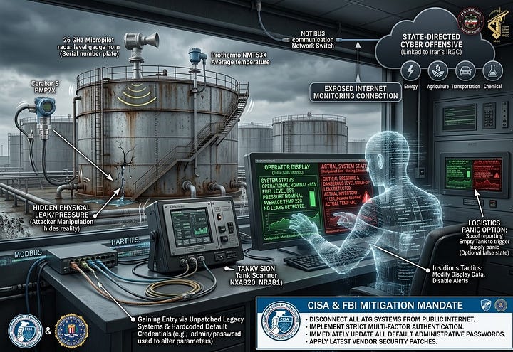 A joint federal advisory from CISA and the FBI reveals a state-directed cyber offensive linked to Iran's Islamic Revolutionary Guard Corps. Threat actors utilize the "Ghost Display" doctrine to infiltrate Automatic Tank Gauges across critical U.S. sectors. This gallery illustrates how attackers manipulate operational technology to feed false safety metrics to facility staff while masking physical dangers, such as chemical leaks and dangerous pressure build-ups.