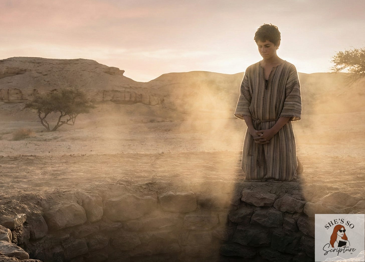 Joseph kneeling at the mouth of an ancient pit Joseph kneeling at the mouth of an ancient pit