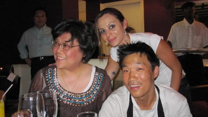 A photo of three people, Andrew, Nathalie (Andrew's wife) and Andrew's mother at Andrew's restaurant A photo of three people, Andrew, Nathalie (Andrew's wife) and Andrew's mother at Andrew's restaurant