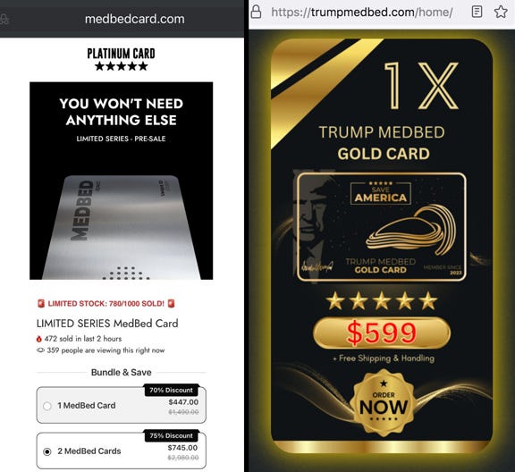 Competing medbed "membership card" websites selling a "MedBed Card" for hundreds and even thousands of dollars