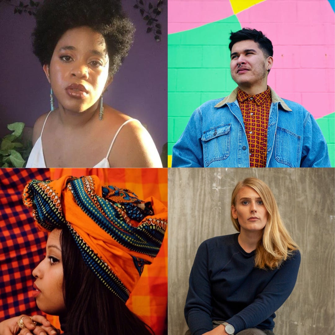 Four portraits of poets. Top left, a poet in long earrings and a white top poses against a purple background and looks into the camera. Top right: a poet smiles, wearing a jean shirt and standing in front of a very colorful painted wall. Bottom right, a poet with long blond hair poses, facing the camera, against a background that looks like it might be a wood-patterned wallpaper. Bottom left: A poet poses in profile, wearing a headress of orange fabric. The poet has long dark hair and poses against a black-and-orange checkered backdrop.
