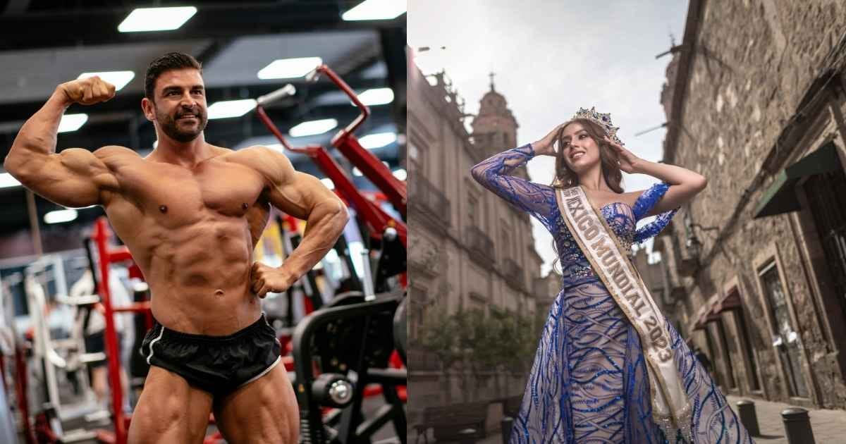 Bodybuilder posing on the left, with female beauty pageant on the right