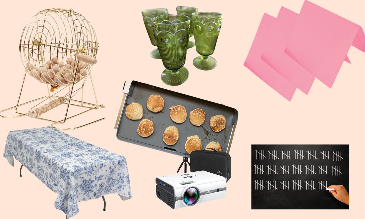 peach colored background with images of a bingo cage, green vintage cups, a pancake griddle, a tablecloth, projector, a chalkboard with tally marks, and folded notecards