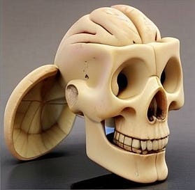 3D model of a human skull with the upper side cut, revealing a walnut like brain area.