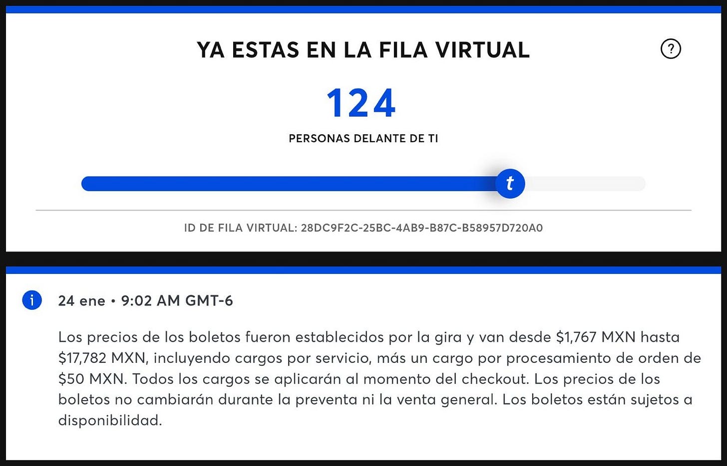 Posición de mis hermanas en la fila virtual de Ticketmaster el 24 de enero. A las 9:10 de la mañana, ya tenían boletos. 
