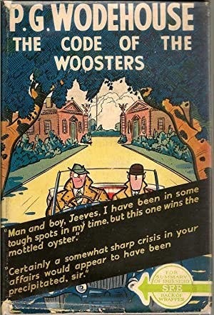 Original hardback dustjacket of The Code of the Woosters, 1938 – shows Jeeves and Wooster in an open-top two-seater on what may be the driveway of a country house