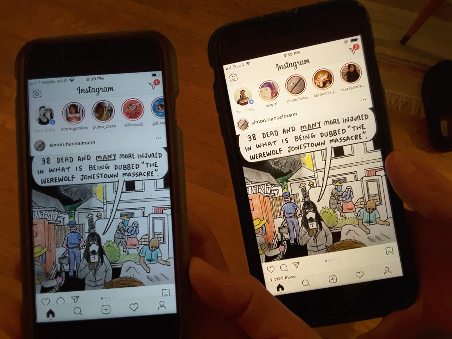 two iPhone screens side by side showing a comic panel from Simon Hanselmann's "Crisis Zone," Spring 2020 two iPhone screens side by side showing a comic panel from Simon Hanselmann's "Crisis Zone," Spring 2020