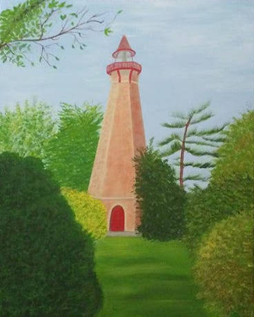 A painting of an old-fashioned lighthouse among lawns and evergreen bushes. The lighthouse has a red door.