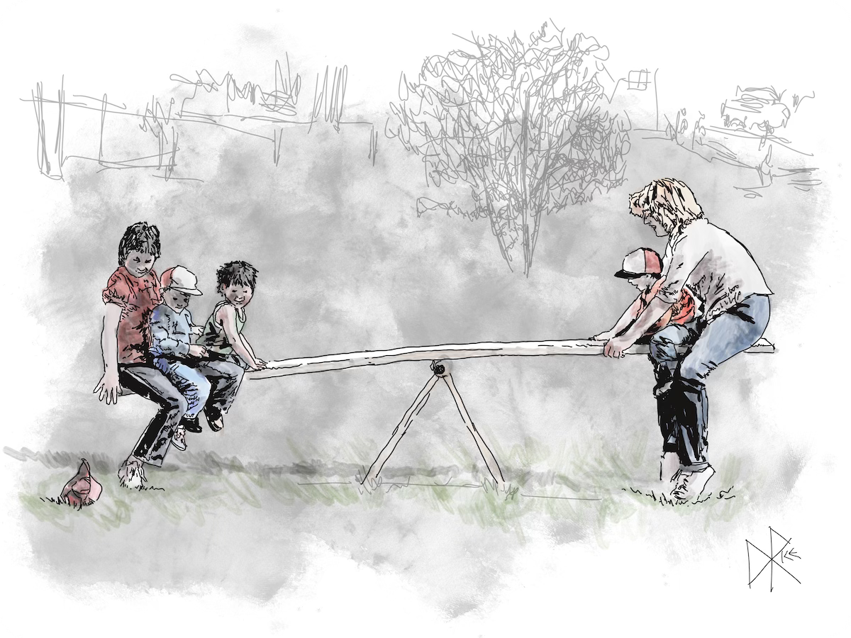 Young folk and babies having fun at the park on a seesaw. Sketch art by Don Rice.