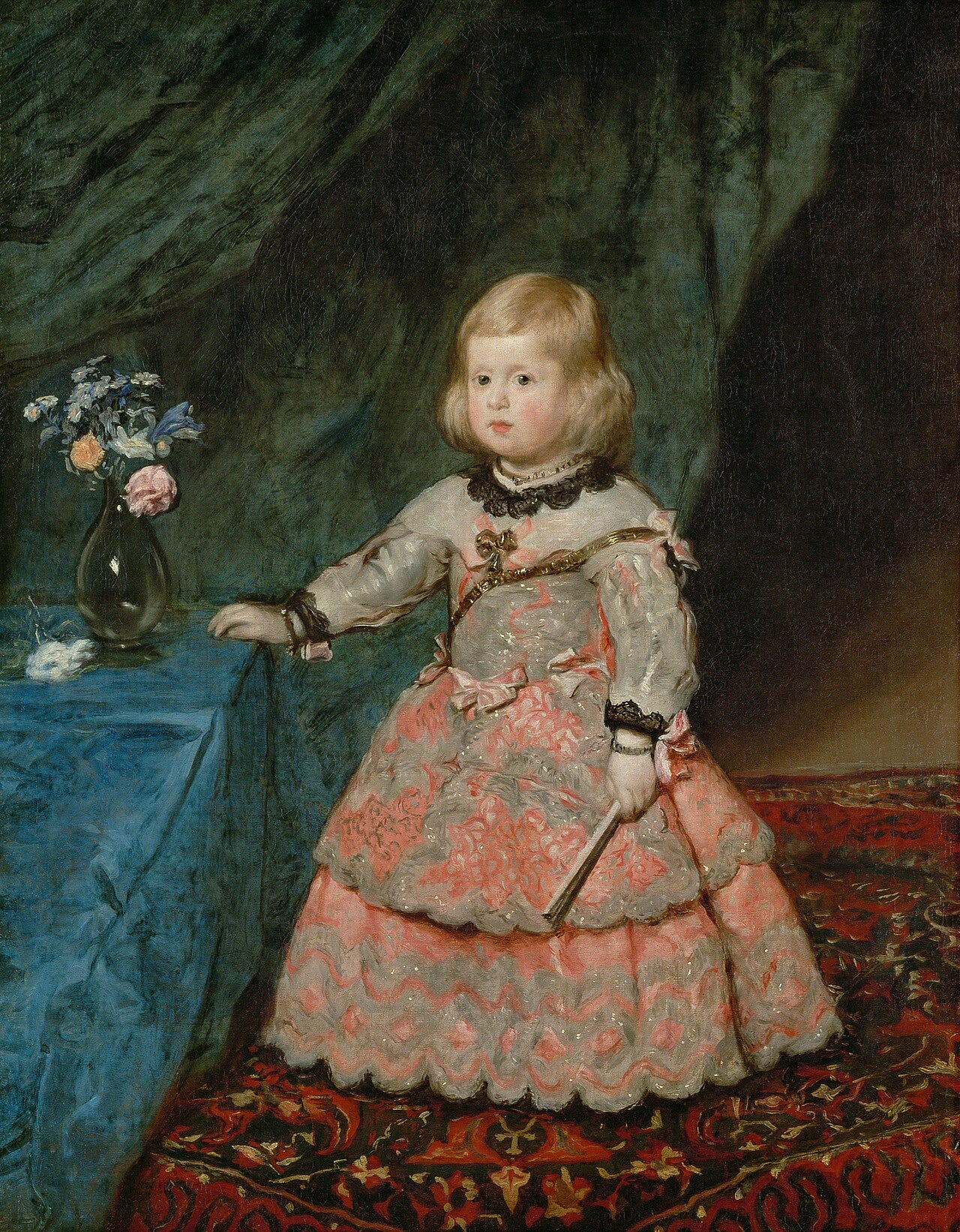 Young Habsburg princess standing in a wide pink dress with a fan Young Habsburg princess standing in a wide pink dress with a fan
