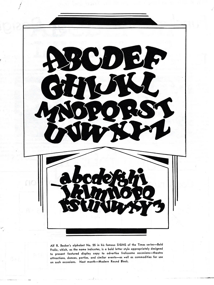 Scanned page from Signs of the Times — Alf R. Becker's Alphabet No. 55, Bold Frolic, a chunky, exuberant uppercase and lowercase with rounded, tumbling letterforms and playful, irregular weight distribution.